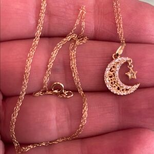 Solid 14K Gold Moon and Star Necklace.1G, 20”